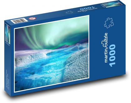 Zorza polarna - nocne niebo, śnieg - Puzzle 1000 elementów, rozmiar 60x46 cm