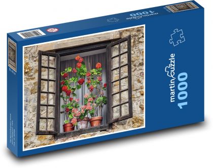Okno s květinami - starý dům, domov - Puzzle 1000 dílků, rozměr 60x46 cm
