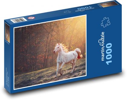 Bílý kůň v lese - příroda, světlo - puzzle 1000 dílků