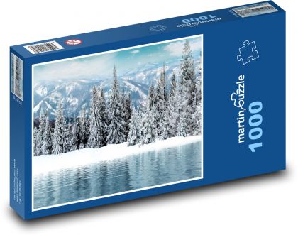Zasněžená krajina - les v zimě, jezero - puzzle 1000 dílků