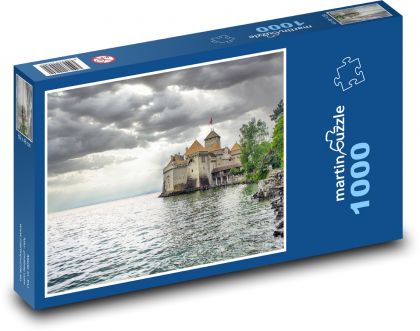 Hrad u jezera - Švýcarsko, jezero - Puzzle 1000 dílků, rozměr 60x46 cm