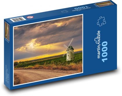 Větrný mlýn na poli - cesta, západ slunce - puzzle 1000 dílků