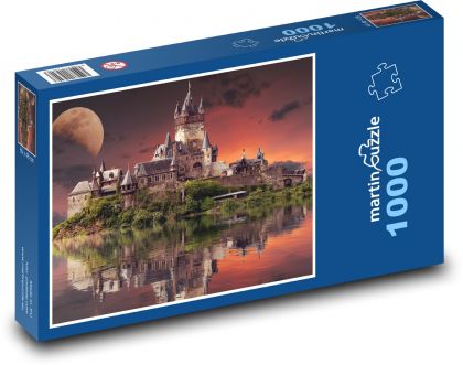 Hrad u jezera - měsíc, fantazie - Puzzle 1000 dílků, rozměr 60x46 cm