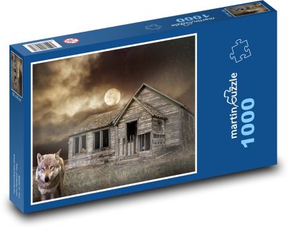 Stary dom - wilk, księżyc - Puzzle 1000 elementów, rozmiar 60x46 cm