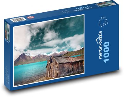 Zasněžené hory - jezero, dům - Puzzle 1000 dílků, rozměr 60x46 cm