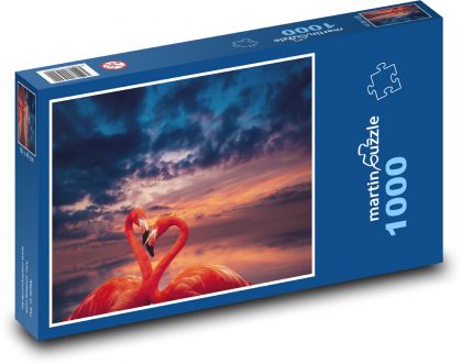 Plameniaky pri jazere - západ slnka, vták - Puzzle 1000 dielikov, rozmer 60x46 cm
