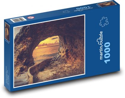Jaskyňa pri mori - skala, západ slnka - Puzzle 1000 dielikov, rozmer 60x46 cm