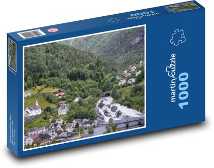 Norsko - řeka, domy - Puzzle 1000 dílků, rozměr 60x46 cm
