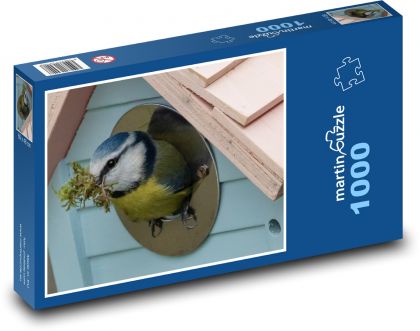 Sýkorka modrinka - búdka, vták - Puzzle 1000 dielikov, rozmer 60x46 cm