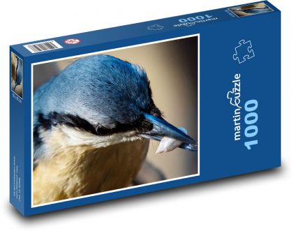 Brhlík modrý - pták zblízka, jídlo - Puzzle 1000 dílků, rozměr 60x46 cm