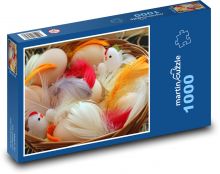 Koszyk wielkanocny - kolorowe piórka, jajka Puzzle 1000 elementów - 60x46 cm