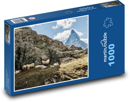 Ovce na skále - Švýcarsko, hory - Puzzle 1000 dílků, rozměr 60x46 cm