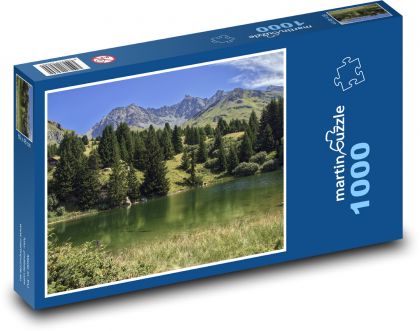 Švýcarské lesy - stromy, jezero - Puzzle 1000 dílků, rozměr 60x46 cm
