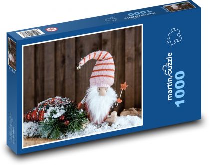 Vánoční trpaslík - dekorace, zima  - Puzzle 1000 dílků, rozměr 60x46 cm