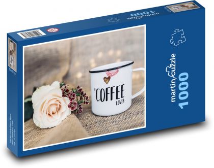 Hrnek - káva, růže - Puzzle 1000 dílků, rozměr 60x46 cm