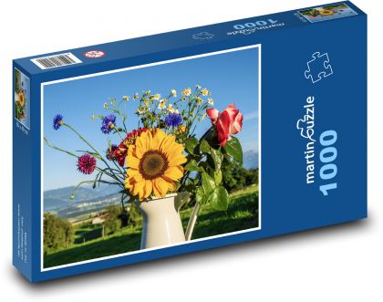 Kytice květin - slunečnice, růže - Puzzle 1000 dílků, rozměr 60x46 cm