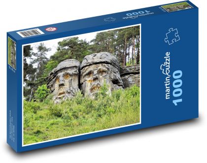 Sandsteinfelsen - geschnitzte Köpfe, Wald - Puzzle - 1000 Teile