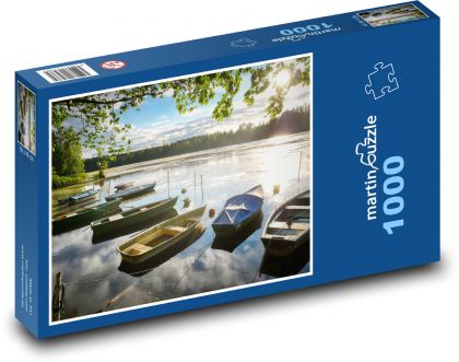 Jezero - západ slunce, lodě - Puzzle 1000 dílků, rozměr 60x46 cm