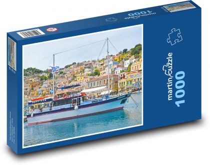 Loď v přístavu - Řecko, moře - Puzzle 1000 dílků, rozměr 60x46 cm