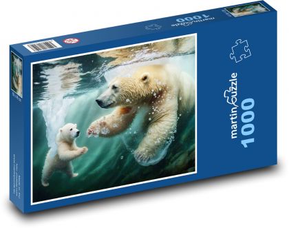 Lední medvěd - matka a mládě, voda - Puzzle 1000 dílků, rozměr 60x46 cm