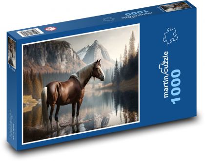 Kůň - jezero, hory - Puzzle 1000 dílků, rozměr 60x46 cm