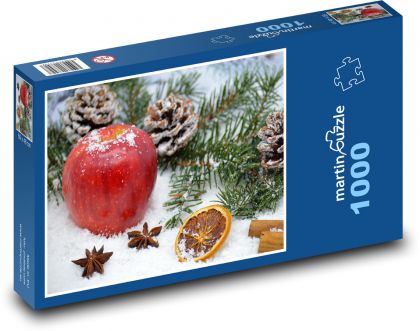 Vánoce - červené jablko, šiška - Puzzle 1000 dílků, rozměr 60x46 cm