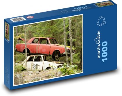 Vraky auta - opuštěné vozy, les  - Puzzle 1000 dílků, rozměr 60x46 cm