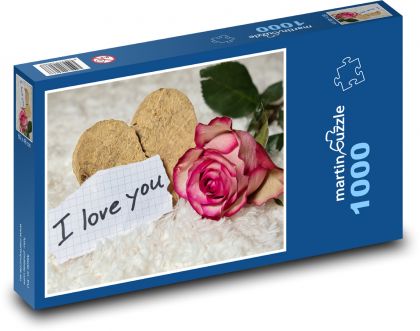 Drevené srdce - ruža, láska - Puzzle 1000 dielikov, rozmer 60x46 cm