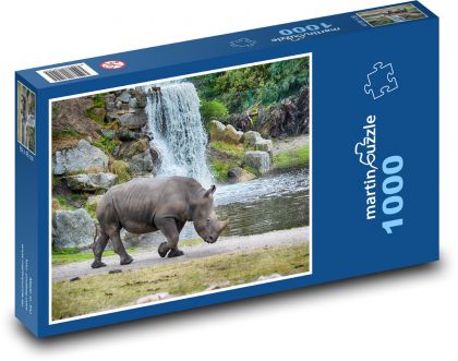 Nosorožec - vodopád, voľne žijúce živočíchy - Puzzle 1000 dielikov, rozmer 60x46 cm
