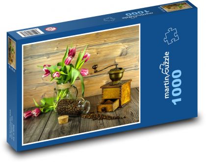 Káva - mlynček, tulipány - Puzzle 1000 dielikov, rozmer 60x46 cm