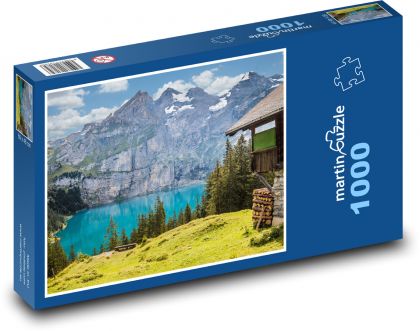 Horské jezero - chata, hory - Puzzle 1000 dílků, rozměr 60x46 cm
