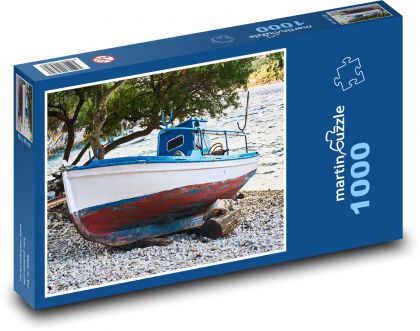 Řecko - loď, pláž - Puzzle 1000 dílků, rozměr 60x46 cm