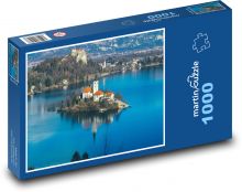 Jezioro - kościół, przyroda Puzzle 1000 elementów - 60x46 cm