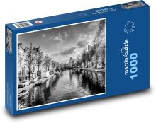 Amsterdam - kanál, čiernobiely Puzzle 1000 dielikov - 60 x 46 cm 