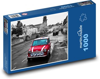 Rotes Auto - Schwarz-Weiß-Foto, Mini Cooper - Puzzle - 1000 Teile