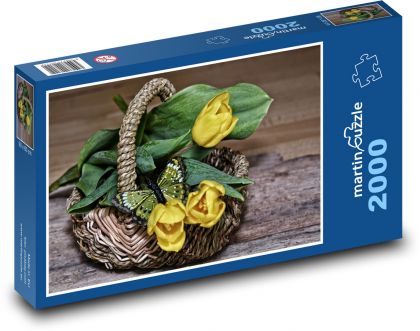Kytica žltých tulipánov v košíku - Puzzle 2000 dielikov, rozmer 90x60 cm 