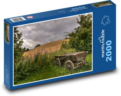 Krajobraz wiejski z drewnianym samochodem - Puzzle 2000 elementów, rozmiar 90x60 cm