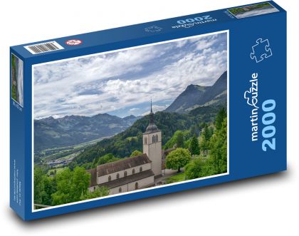 Kostel, hory - Puzzle 2000 dílků, rozměr 90x60 cm