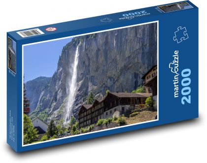 Švýcarsko - vodopád, Alpy - Puzzle 2000 dílků, rozměr 90x60 cm