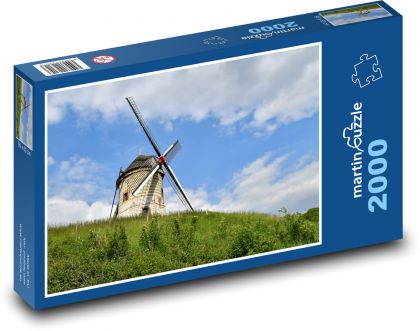Větrný mlýn na zeleném kopci - puzzle 2000 dílků