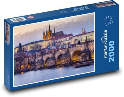 Praha při západu slunce - Karlův most a Pražský hrad - puzzle 2000 dílků