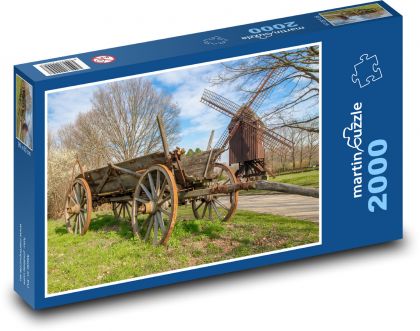 Dřevěný vůz a větrný mlýn - Puzzle 2000 dílků, rozměr 90x60 cm
