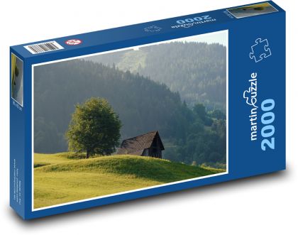 Vysokohorská příroda - strom, chata - Puzzle 2000 dílků, rozměr 90x60 cm