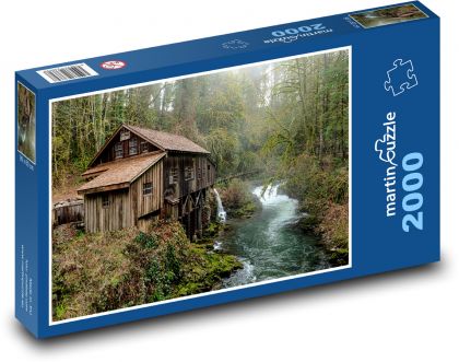 Drewniany dom, rzeka, las - Puzzle 2000 elementów, rozmiar 90x60 cm