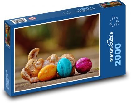 Veľkonočné dekorácie - zajačik, vajíčka - Puzzle 2000 dielikov, rozmer 90x60 cm 