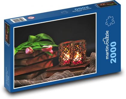 Tulipány - svíčka, jaro - Puzzle 2000 dílků, rozměr 90x60 cm