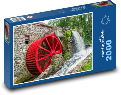 Vodní mlýn - červené kolo, vodopád - Puzzle 2000 dílků, rozměr 90x60 cm