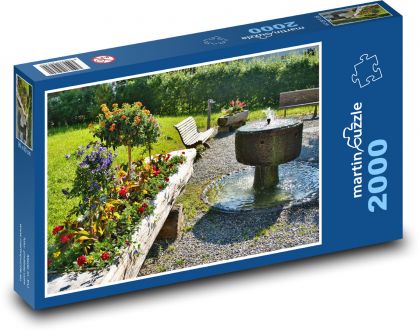 Fontanna - kwiaty, ogród - Puzzle 2000 elementów, rozmiar 90x60 cm
