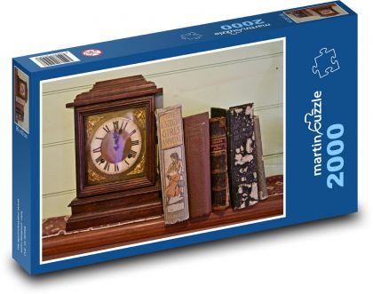 Dřevěné hodiny - knihy, starožitné - Puzzle 2000 dílků, rozměr 90x60 cm