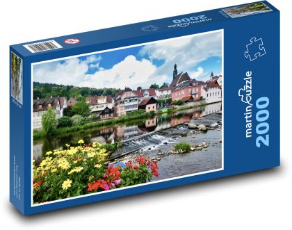 Kvety - dedina, rieka - Puzzle 2000 dielikov, rozmer 90x60 cm 